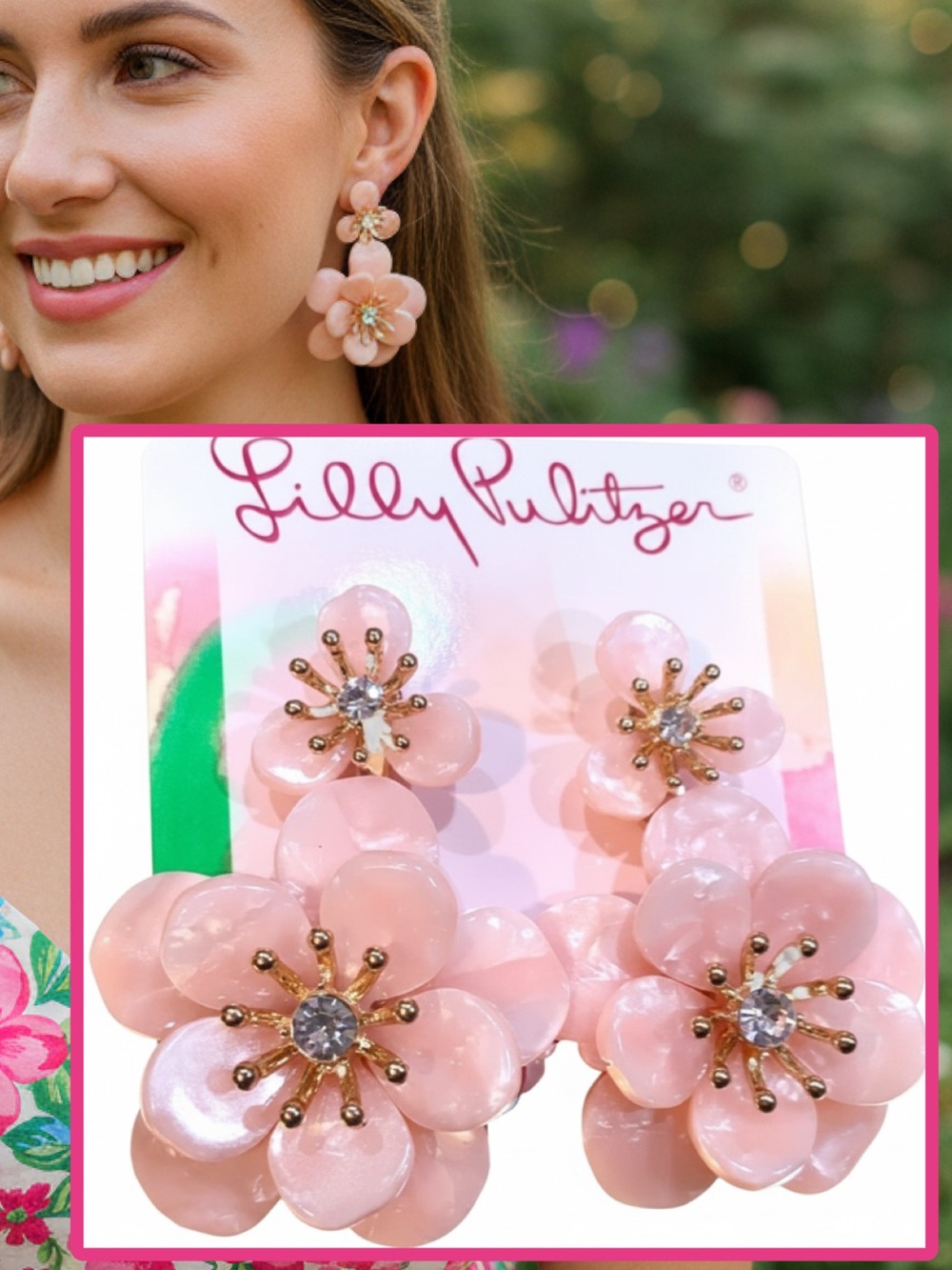 LILLY PULITZER EARRINGS NWT FLOWER BLUSH PINK -BLOOM 🩷Acrylic GOLD/CRYSTAL